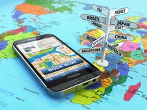 Travel and tourism concept. Booking hotel by smartphone and destination signboard. royalty free illustration Travel and tourism concept. Booking hotel by smartphone and destination signboard. royalty free illustration
