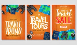 Travel Vector Set Template with Creative Stylish Text Logo and Realistic 3D Traveling Item Elements stock illustration Travel Vector Set Template with Creative Stylish Text Logo and Realistic 3D Traveling Item Elements stock illustration