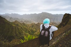 Traveler Enjoying Magnificent View Of Huge Mountain Range On Santo Antao Island, Cape Verde Royalty Free Stock Image