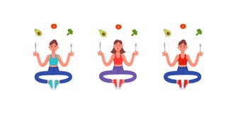 Tre donne sottili che si siedono nella posizione di loto con una forcella e un coltello in loro mani ed intorno loro un pasto san illustrazione di stock Tre donne sottili che si siedono nella posizione di loto con una forcella e un coltello in loro mani ed intorno loro un pasto san illustrazione di stock