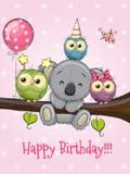 Tre ugglor och koala på en filial med ballongen och hättor royaltyfri illustrationer Tre ugglor och koala på en filial med ballongen och hättor royaltyfri illustrationer