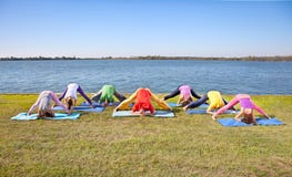 Tree couple , man and woman practice Yoga asana on lakeside. royalty free stock photography Tree couple , man and woman practice Yoga asana on lakeside. royalty free stock photography