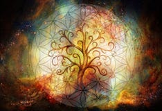 Tree of life symbol and flower of life and space background, yggdrasil.