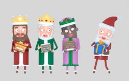 Tree Magic Kings and Santa Claus holding presents. Isolated..3d illustration. stock illustration Tree Magic Kings and Santa Claus holding presents. Isolated..3d illustration. stock illustration