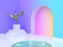 3d rendering tree pot abstract arched door water pool violet-purple blue yellow pink gradient wall-room vector illustration 3d rendering tree pot abstract arched door water pool violet-purple blue yellow pink gradient wall-room vector illustration