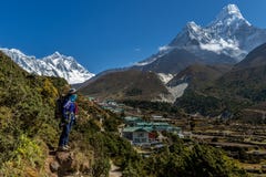 Trekker trek on everest base camp 3 pass on Lobuche to Gokyo ,Nepal on winter stock photo Trekker trek on everest base camp 3 pass on Lobuche to Gokyo ,Nepal on winter stock photo