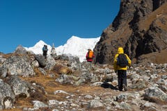 Trekker walk on tie way to Renjora pass with everest mountain pe stock photo Trekker walk on tie way to Renjora pass with everest mountain pe stock photo