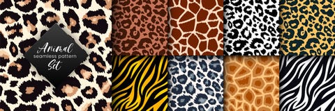 Trendy wild animal seamless pattern collection. Vector leopard, cheetah, tiger, giraffe, zebra skin texture set for fashion print