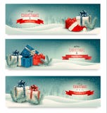 Tres banderas de la Navidad con los presentes stock de ilustración Tres banderas de la Navidad con los presentes stock de ilustración
