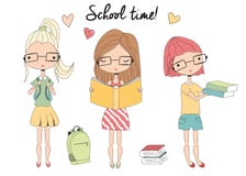 Tres colegialas jovenes con los vidrios, bolso de escuela, libros libre illustration Tres colegialas jovenes con los vidrios, bolso de escuela, libros libre illustration