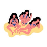 Tres mujeres en uso del bikini un smartphone Ilustración del vector stock de ilustración Tres mujeres en uso del bikini un smartphone Ilustración del vector stock de ilustración