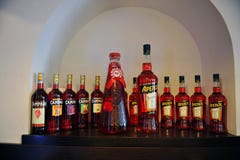 Treviso, Italy. 20th June 2014. Campari and Aperol bottles on a shelve. stock photography Treviso, Italy. 20th June 2014. Campari and Aperol bottles on a shelve. stock photography