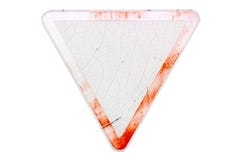 Triangular scratched red border old road sign `Yield` isolated o Stock Photo Triangular scratched red border old road sign `Yield` isolated o Stock Photo