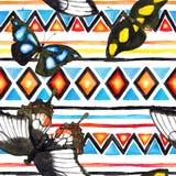 Tribal pattern with butterflies. Repeating background - vintage folk tribal ornament. Watercolor Royalty Free Stock Images Tribal pattern with butterflies. Repeating background - vintage folk tribal ornament. Watercolor Royalty Free Stock Images