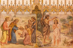 Trnava - The neo-gothic fresco of fhe scene Baptism of Christ and the Apostles at confirmation royalty free stock photo Trnava - The neo-gothic fresco of fhe scene Baptism of Christ and the Apostles at confirmation royalty free stock photo