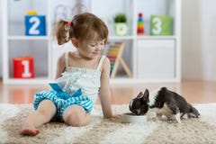 Trois années d'enfant s'asseyant sur le tapis et alimentant son petit chien image stock Trois années d'enfant s'asseyant sur le tapis et alimentant son petit chien image stock