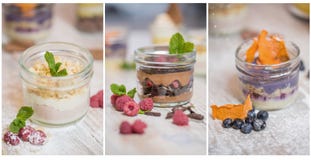 Trois desserts avec un genre différent de mousse dans des pots de maçon, décoré des baies, des morceaux de fruits secs et de la m photo stock Trois desserts avec un genre différent de mousse dans des pots de maçon, décoré des baies, des morceaux de fruits secs et de la m photo stock