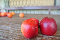Trois nectarines rouges mûres sur la table en bois rustique Photographie stock libre de droits Trois nectarines rouges mûres sur la table en bois rustique Photographie stock libre de droits