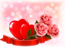 . Trois roses rouges avec deux coeurs et illustration de vecteur . Trois roses rouges avec deux coeurs et illustration de vecteur