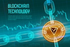 Tron. Crypto currency. Block chain. 3D isometric Physical golden Tron coin with wireframe chain on blue financial vector illustration Tron. Crypto currency. Block chain. 3D isometric Physical golden Tron coin with wireframe chain on blue financial vector illustration