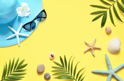 Tropical Background. Palm Trees Branches with starfish and seashell on yellow background. Travel. Copy space. royalty free stock image Tropical Background. Palm Trees Branches with starfish and seashell on yellow background. Travel. Copy space. royalty free stock image