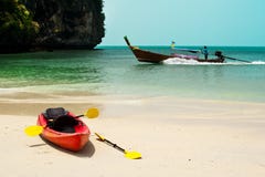 Tropical Beach Landscape With Red Canoe Boat At Ocean Royalty Free Stock Images Tropical Beach Landscape With Red Canoe Boat At Ocean Royalty Free Stock Images