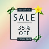Tropical black frame with yellow flower petal and green leaves. 35% off Sale banner template design. Big sale special offer. stock illustration Tropical black frame with yellow flower petal and green leaves. 35% off Sale banner template design. Big sale special offer. stock illustration