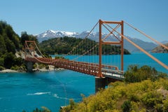 Tropical blue lake General Carrera, Chile with orange bridge royalty free stock photography Tropical blue lake General Carrera, Chile with orange bridge royalty free stock photography