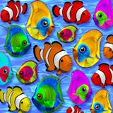 Tropical Fishes 3D On Blue Clear Water Stock Image