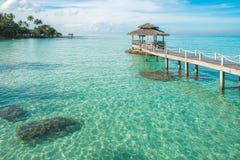 Tropical hut and wooden bridge at holiday resort. Summer travel Stock Photo Tropical hut and wooden bridge at holiday resort. Summer travel Stock Photo