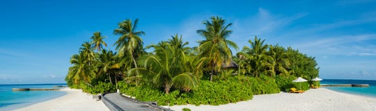 Tropical Island Beach Panorama View With Palm Trees At Maldives Stock Images Tropical Island Beach Panorama View With Palm Trees At Maldives Stock Images