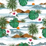 Tropical island with blooming hibiscus flowers and palm trees floral and monstera leaves seamless pattern vector EPS10 on blue