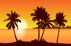 Tropical island landscape vector with palm trees in orange sunset. stock illustration Tropical island landscape vector with palm trees in orange sunset. stock illustration
