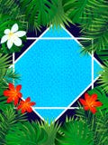 Tropical poster. vector illustration. vertical frame with tropic plants, flowers and swimming pool. fresh idea for spring, summer