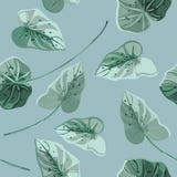 Tropical seamless pattern with blue exotic leaves scattered random Vector Illustration Tropical seamless pattern with blue exotic leaves scattered random Vector Illustration