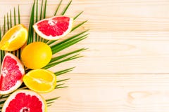 Tropisch kader voor tekst op een houten achtergrond Foto van citrusvruchten en palmblad met ruimte voor tekst Sinaasappel, grapef royalty-vrije stock foto Tropisch kader voor tekst op een houten achtergrond Foto van citrusvruchten en palmblad met ruimte voor tekst Sinaasappel, grapef royalty-vrije stock foto