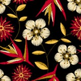 Tropisches ausführliches Stickereiblumenmuster in einem nahtlosen Muster vektor abbildung Tropisches ausführliches Stickereiblumenmuster in einem nahtlosen Muster vektor abbildung