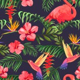 Tropisches Muster mit Flamingos, Kolibris und Palmblättern stock abbildung Tropisches Muster mit Flamingos, Kolibris und Palmblättern stock abbildung