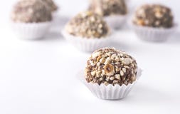 Trufas de chocolate decoradas com as porcas no grupo caseiro saboroso bonito dos doces do fundo branco de fim dos doces acima fotos de stock royalty free Trufas de chocolate decoradas com as porcas no grupo caseiro saboroso bonito dos doces do fundo branco de fim dos doces acima fotos de stock royalty free