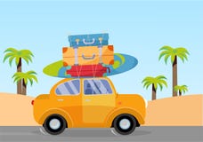 Trveling pelo carro amarelo com a pilha de sacos da bagagem no telhado e com a prancha na praia com palmas Turismo do ver?o, curs ilustração stock Trveling pelo carro amarelo com a pilha de sacos da bagagem no telhado e com a prancha na praia com palmas Turismo do ver?o, curs ilustração stock