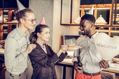 Amazing brunette female person welcoming new friend royalty free stock image Amazing brunette female person welcoming new friend royalty free stock image