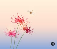 Trzy czerwieni chryzantemy dragonfly na ryżowym papierze z powrotem i kwiaty royalty ilustracja Trzy czerwieni chryzantemy dragonfly na ryżowym papierze z powrotem i kwiaty royalty ilustracja