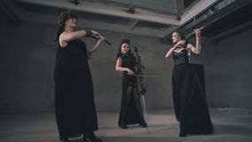 Trzy kobiety skrzypaczki w pięknych czarnych sukniach bawić się instrumenty w szarości betonują pokój zbiory wideo Trzy kobiety skrzypaczki w pięknych czarnych sukniach bawić się instrumenty w szarości betonują pokój zbiory wideo