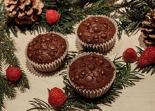 Três queques dos pedaços de chocolate e algumas framboesas fotografia de stock Três queques dos pedaços de chocolate e algumas framboesas fotografia de stock