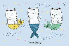 Três sereias do gato do anime do kawaii com caudas dos peixes, rebanho dos peixes tirados com pena e os pastéis coloridos isolado ilustração do vetor Três sereias do gato do anime do kawaii com caudas dos peixes, rebanho dos peixes tirados com pena e os pastéis coloridos isolado ilustração do vetor