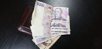 Tsjechische coruna legt op zwarte houten lijst dichtbij bruine portefeuille royalty-vrije stock afbeelding Tsjechische coruna legt op zwarte houten lijst dichtbij bruine portefeuille royalty-vrije stock afbeelding