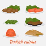 Tubería y acompañamientos comunes, dolma, kisir, patlican, gozleme y kofte La ensalada turca de la lenteja, chuleta, pan, rellenó ilustración del vector Tubería y acompañamientos comunes, dolma, kisir, patlican, gozleme y kofte La ensalada turca de la lenteja, chuleta, pan, rellenó ilustración del vector