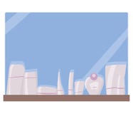 Tubes tirés par la main et pots de vecteur rose-clair avec des cosmétiques sur un fond bleu et un miroir de salle de bains sur un illustration stock Tubes tirés par la main et pots de vecteur rose-clair avec des cosmétiques sur un fond bleu et un miroir de salle de bains sur un illustration stock
