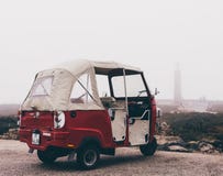 Tuk-tuk in fog at cabo da roca stock photos Tuk-tuk in fog at cabo da roca stock photos