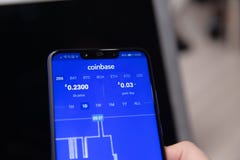 Tula, Russia - November 28, 2018: Coinbase - Buy Bitcoin and More, Secure Wallet mobile app on the display royalty free stock image Tula, Russia - November 28, 2018: Coinbase - Buy Bitcoin and More, Secure Wallet mobile app on the display royalty free stock image
